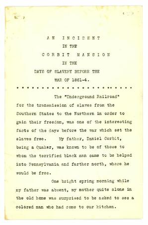Typed story of the Underground Railroad read before the Delaware Society of the Colonial Dames of America by Mary Corbit Warner, March 9, 1914.