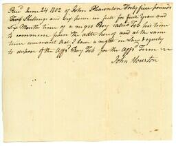 Receipt issued by John Houston to John Pleasonton for time of Tob, an enslaved person, June 24, 1802
