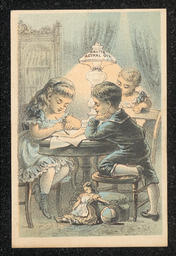 Trade card advertising Pratt's Astral Oil sold at the Belt Drug Store in Wilmington, Delaware. The decoration on the front of the card shows a group of children around a small table, one of the children is painting while the others watch. Information about Pratt's Astral Oil is printed on the back of the card. 