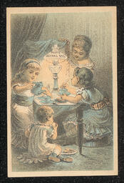 Trade card advertising Pratt's Astral Oil sold at the Belt Drug Store in Wilmington, Delaware. The decoration on the front of the card shows a group of children around a small table having tea. Information about Pratt's Astral Oil is printed on the back of the card.