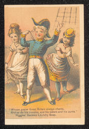 Trade card printed for Z. James Belt advertising Higgins' German Laundry Soap. The decoration on the front of the card shows a man in military uniform and a woman on either side of him. A short poem about the soap is printed below them. Information about the soap and Belt is printed on the back of the card.