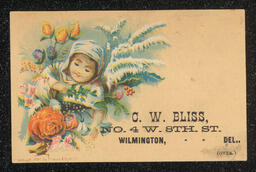 Trade card advertising C.W. Bliss' pain fluid. This is an example of a stock trade card. The design remains the same while the business information changes. See Wm. J. Morrow for another example of the same card.The front of the card shows a child surrounded by flowers on the right, and the business name and address on the left. Information and testimonials about the pain fluid are printed on the back of the card.