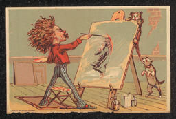 Trade card for Justis and Davidson ready made clothing in Wilmington, Delaware. The front image is of a man painting a person in a rain coat holding an umbrella.