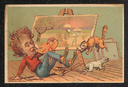 Trade card for Justis and Davidson, ready made clothing manufacturers. The front image is of a painter that has been knocked over by a cat and dog.
