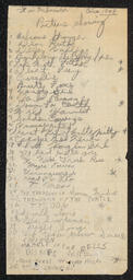 A list written in pencil of technicolor films that were showing at the Warner Theater in Wilmington, Delaware in 1948.
