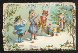 Trade card printed for the Frank J. Murphy Credit House. The image on the front of the card shows a winter scene with a group of children. An advertisement for the Credit House's services is printed on the back.