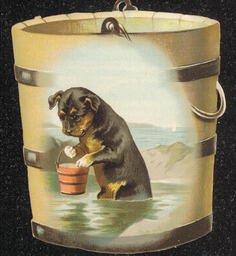 Trade card produced for the H.F. Robelen Piano Company in Wilmington, Delaware. The trade card is shaped like a bucket. The front of the card shows a black dog playing with a bucket in water. Information about the company is printed on the back of the card.