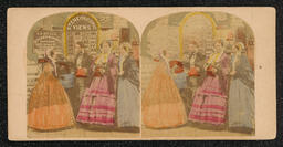 Stereoscope card produced by J. T. Heald showing a scene of three women and a man in on a street in the foreground with shopfronts in the background. Information about the J. T. Heald Stereoscope Emporium is printed on the back of the card.