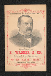 Trade card printed for F. Wagner and Co. Pianos and Organs in 1884. The card is multi-paged and includes portraits of President-Elect Grover Cleveland and Vice President-Elect Hendricks.