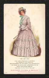 Postcard advertising Baynard, Banks, and Bryan, diamonds, watches, and jewelry dealers in Wilmington. The image on the front of the card shows a woman captioned "The 1847 Girl". Business information is printed along the bottom.