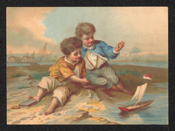 Trade card printed for the Delaware Electropathic Institute, which advertised cures for all acute or chronic diseases through the use of electricity. The back of the card advertises a selection of ailments they claimed to cure. The front of the card shows a scene of two boys playing in the sand by a body of water. The institute had offices in Wilmington and Philadelphia.