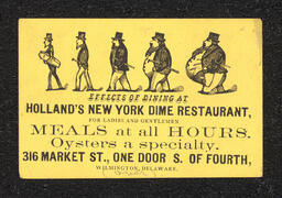 Trade card printed for Holland's New York Dime Restaurant in Wilmington. The front of the card shows the "effects" of eating there. The back of the card lists food and drink available along with their prices.