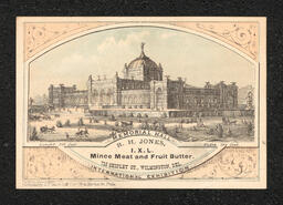 Trade card printed for R. H. Jones, a grocer in Wilmington. The design on the front of the card shows the main building at the 1876 International Exhibition celebration the 100th anniversary of the United States which took place in Philadelphia. Business information is printed on the back of the card.