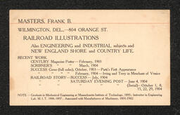 Business card of Frank Masters, an illustrator in Wilmington, Delaware. The main service advertised on the card is railroad illustration.