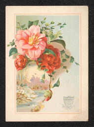 Trade card printed for Henry F. Pickels, a stove dealer in Wilmington. The front of the card shows a design of flowers surrounding a river scene. Business information and an image of a stove is printed on the back.