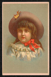 Trade card printed for Robelen and Co., a piano company in Wilmington, Delaware. The decoration on the front of the card shows the head and shoulders of a young girl wearing a straw hat on a blank blue background. An advertisement for Knabe pianos, sold by Robelen, is printed on the back of the card.