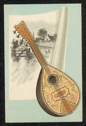 Trade card printed for H. F. Robelen, a piano company in Wilmington, Delaware. The decoration on the front of the card shows a lute propped up against a drawing of a country scene on a blank blue background. Information about the business is printed on the back.
