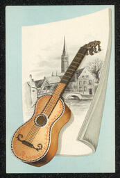 Trade card printed for H. F. Robelen, a piano company in Wilmington, Delaware. The decoration on the front of the card shows a guitar propped up against a drawing of a church on a river on a blank blue background. Information about the business is printed on the back.