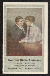 Promotional needlebook produced by the Robelen Piano Company in Wilmington, Delaware. The inside of the book includes a set of needles of various sizes and an advertisement for the business.