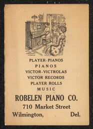Needlebook produced by the Robelen Piano Company to promote the business. The inside of the booklet includes a set of needles of various sizes, a two year calendar, and information about the company.