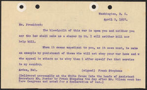 Typescript copy of letter from Frank Stephens to President Wilson after declaration of war, April 3, 1917, front