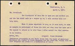  Typescript copy of letter from Frank Stephens to President Wilson after declaration of war, April 3, 1917