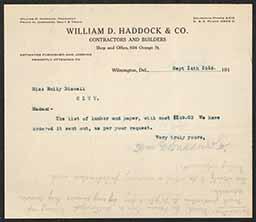 Letter, William D. Haddock & Co. to Emily Bissell, September 14, 1916