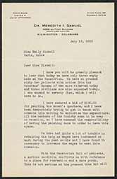 Letter, Meredith Samuel to Emily Bissell, July 13, 1923