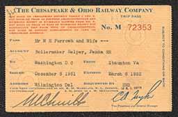 Ticket, Washington, D.C. to Staunton, Virginia, Chesapeake and Ohio Railway Company, 1951-1952