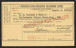 Ticket stub, Philadelphia to Cape May area, Pennsylvania-Reading Seashore Lines, August 8, 1957