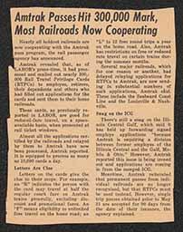 Newspaper clipping, "Amtrak Passes Hit 300,000 Mark," circa 1973-1974
