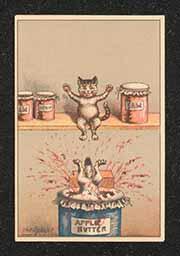 Trade card with illustration of cat diving into a jar of apple butter. Back of card advertises several events scheduled at the Grand Opera House in Wilmington, Delaware on November 4 and November 7.