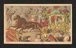 Trade card with illustration of woman in horse-drawn carriage, advertising "Corinne and Her Merriemakers" at the Grand Opera House in Wilmington, Delaware. 