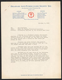 Letter titled "Delaware's Position in the Nation's Seal Sale" with attached Bulletin of the National Tuberculosis Association, October 6, 1934