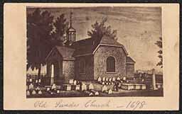 Image of Old Swedes' Church in Wilmington, Delaware. This is a copy of the engraving by John Sartain done after the 1840 drawing of the church by Benjamin Ferris. Written under the image in pencil: Old Swedes Church - 1698".
