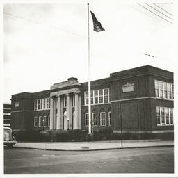 Exterior view of front of Howard High School, 1320 Poplar St., Wilmington, Delaware, 1940.