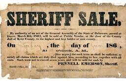 Broadside, Kent County Sheriff Sale. George Brown, a free Black man, is sold for a term to not exceed 7 years for claims against him, June 9, 1862.