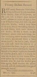 Advertisement, reward for freedom seeker Lot in the Delaware Gazette, February 2, 1796 
