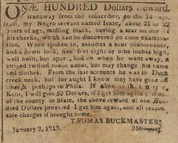 Advertisement, reward for freedom seeker Isaac in the American Watchman, 1-2-1813