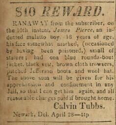 Advertisement, reward for James Pierce in the Delaware Gazette, May 5, 1826