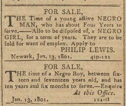Two advertisements for the sale of enslaved people in the Mirror of the Times, January 14, 1801