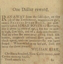 Advertisement, reward for apprentice Sinah Boyer in the Delaware Gazette, November 6, 1795
