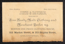 Justis and Davidson Trade Card, 1882, back.