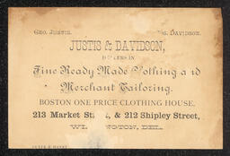 Justis and Davidson Trade Card, animals, 1882, back