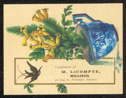 Trade card for M. LeCompte, a milliner in Wilmington, Delaware. The design on the card shows a blue vase holding yellow flowers, with a small bird and information about the business below the vase.