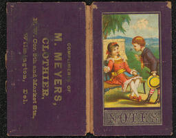 Small purple notebook produced for M. Meyers, a clothier in Wilmington, Delaware. The front cover shows two children in a park. Information about the business is printed on the back cover.
