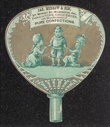 Green trade card in the shape of a hand fan printed for Jason Morrow and Sons Confectioners. The name and address of the business is printed on the top center of the fan. Below the business information is the image of two women kneeling on either side of a man. 