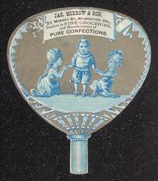 Blue trade card in the shape of a hand fan printed for Jason Morrow and Sons Confectioners. The name and address of the business is printed on the top center of the fan. Below the business information is the image of two women kneeling on either side of a man.