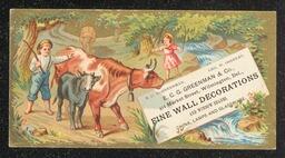 Trade card printed for E.C.G. Greenman and Co., China, Lamps, and Glassware. The image on the card shows two children, a boy and a girl. The boy is leading a group of animals down a path and the girl is jumping rope. Information about the business is printed on the right of the card.