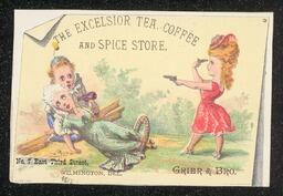 Trade card printed for Grier and Bro., Excelsior Tea, Coffee, and Spice Store. The design of the front shows a scene from a circus with the business name and address printed on the top and bottom of the card.